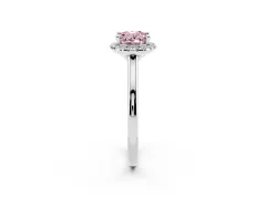 Fancy Pink Oval Cut Diamond Halo Engagement Ring Set in White gold with Pavé Band and Rising Shoulders