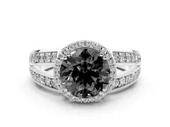 Fancy Black Round Cut Diamond Halo Ring Set in Platinum with Double Pavé Split Shank