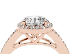 Round Cut Diamond Halo Split Shank Ring Set in Rose gold with Accent Stones and Prong Setting