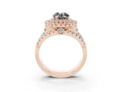 Fancy Black Oval Cut Diamond Double Halo Ring Set in Rose gold with Round Pavé Split Shank