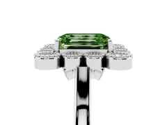 Fancy Green Emerald Cut Diamond Cluster Halo Ring Set in Silver with Milgrain Bezel Accents and Plain Band