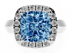 Fancy Blue Cushion Cut Diamond Halo Solitaire Engagement Ring Set in White gold with Square Band and Prong Setting
