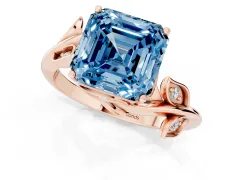 Fancy Blue Asscher Cut Diamond Solitaire Twist Engagement Ring Set in Rose gold with Pavé Leaf Accents