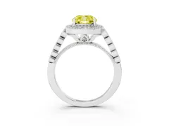 Fancy Yellow Cushion Cut Diamond Milgrain Halo Solitaire Ring Set in Platinum with Bezel Set Side Stones and Pavé Band
