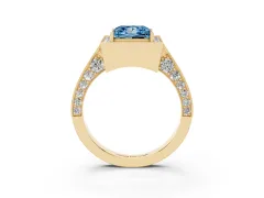 Fancy Blue Princess Cut Diamond Halo Engagement Ring Set in Yellow gold with Accent Split Shank Band
