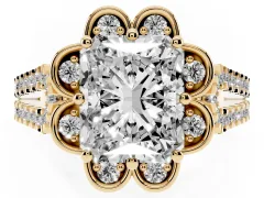 Radiant Cut Diamond Floral Halo Split Shank Engagement Ring Set in Yellow gold with Pavé Shank