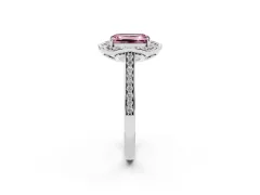 Fancy Pink Emerald Cut Diamond Halo Ring Set in Platinum with Pavé-Lined Shoulders and Prong Setting