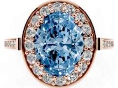 Fancy Blue Oval Cut Diamond Halo Ring Set in Rose gold with Accent-Lined Split Shank and Prong Setting