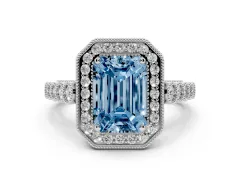 Fancy Blue Emerald Cut Diamond Milgrain Halo Solitaire Ring Set in Silver with Bezel Set Side Stones and Pavé Band