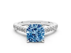 Fancy Blue Cushion Cut Diamond Solitaire Ring Set in Silver with Brilliant Pavé Band and Prong Setting