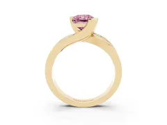 Fancy Pink Radiant Cut Diamond Solitaire Ring Set in Yellow gold with Channel Set Split Shank and Tension Prongs