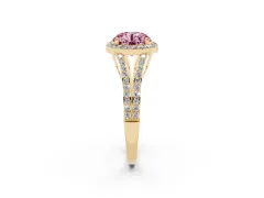 Fancy Pink Round Cut Diamond Halo Split Shank Ring Set in Yellow gold with Accent Stones and Prong Setting