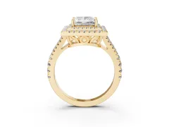 Princess Cut Diamond Double Halo Ring Set in Yellow gold with Pavé Band