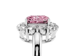 Fancy Pink Radiant Cut Diamond Halo Cluster Engagement Ring Set in Silver with Polished Band and Prong Setting