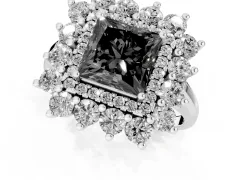 Fancy Black Princess Cut Diamond Floral Double Halo Ring Set in White gold with Round Petals
