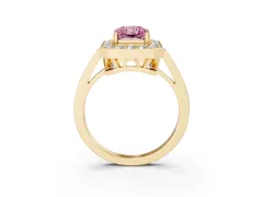 Fancy Pink Radiant Cut Diamond Halo Ring Set in Yellow gold with Accent-Lined Split Shank and Prong Setting