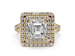 Asscher Cut Diamond Double Halo Ring Set in Yellow gold with Pavé Split Shank and Prong Setting