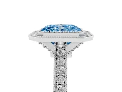 Fancy Blue Radiant Cut Diamond Halo Milgrain Pavé Band Ring Set in Platinum with Prong Setting
