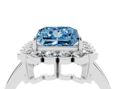 Fancy Blue Princess Cut Diamond Halo Cluster Engagement Ring Set in Silver with Solitaire Band and Prong Setting