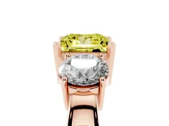 Fancy Yellow Princess Cut Diamond Three-Stone Ring Set in Rose gold with Round Side Stones and Classic Band