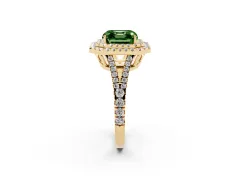 Fancy Green Asscher Cut Diamond Double Halo Ring Set in Yellow gold with Pavé Band