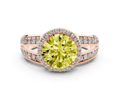 Fancy Yellow Round Cut Diamond Halo Ring Set in Rose gold with Double Pavé Split Shank