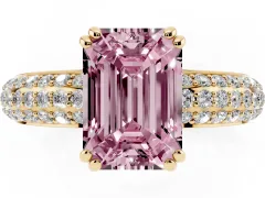 Fancy Pink Emerald Cut Diamond Solitaire Ring Set in Yellow gold with Multi-Row Round Pavé Band and Prong Setting