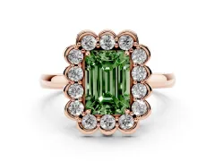 Fancy Green Emerald Cut Diamond Halo Cluster Engagement Ring Set in Rose gold with Solitaire Band and Prong Setting