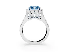 Fancy Blue Asscher Cut Diamond Floral Halo Split Shank Engagement Ring Set in White gold with Pavé Shank