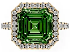 Fancy Green Asscher Cut Diamond Halo Ring Set in Yellow gold with Pavé Shoulders and Halo-Framed Center