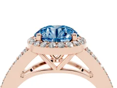 Fancy Blue Round Cut Diamond Halo Split Shank Ring Set in Rose gold with Accent Stones and Prong Setting