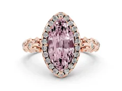 Fancy Pink Marquise Cut Diamond Halo Ring Set in Rose gold with Filigree Leaf Band and Prong Setting