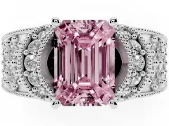 Fancy Pink Emerald Cut Diamond Milgrain Halo Pavé Engagement Ring Set in White gold with Prong Setting