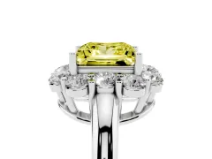 Fancy Yellow Princess Cut Diamond Milgrain Halo Solitaire Ring Set in Platinum with Bezel Set Side Stones and Pavé Band