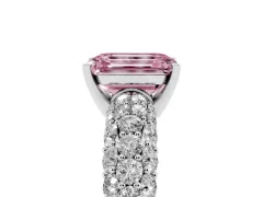 Fancy Pink Emerald Cut Diamond Pavé Band Solitaire Ring Set in Platinum with Close-Set Accent Stones and Prong Setting