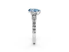 Fancy Blue Pear Cut Diamond Three-Stone Ring Set in Platinum with Round Side Stones and Delicate Pavé Band
