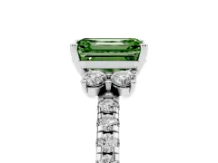 Fancy Green Emerald Cut Diamond Three-Stone Pavé Ring Set in Silver with Prong Setting