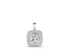Round Diamond Cushion Halo Pendant Set in Silver with Four-Prong Center