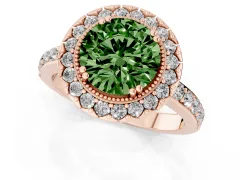 Fancy Green Round Cut Diamond Halo Ring Set in Rose gold with Pavé Shank and Prong Setting
