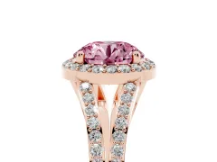 Fancy Pink Round Cut Diamond Halo Split Shank Ring Set in Rose gold with Accent Stones and Prong Setting