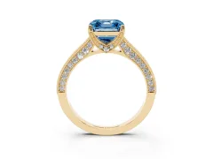Fancy Blue Asscher Cut Diamond Solitaire Ring Set in Yellow gold with Milgrain-Edged Pavé Band and Prong Setting