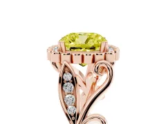 Fancy Yellow Cushion Cut Diamond Halo Ring Set in Rose gold with Leaf Motif Split Shank and Prong Setting