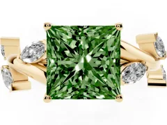 Fancy Green Princess Cut Diamond Solitaire Ring Set in Yellow gold with Twisted Marquise Accent Band