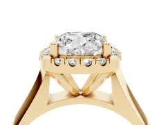 Cushion Cut Diamond Halo Solitaire Engagement Ring Set in Yellow gold with Square Band and Prong Setting
