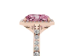 Fancy Pink Radiant Cut Diamond Halo Engagement Ring Set in Rose gold with Round Pavé Shoulders and Heart Gallery