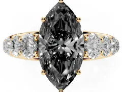 Fancy Black Marquise Cut Diamond Solitaire Ring Set in Yellow gold with Pavé-Set Band and Prong Setting