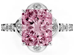 Fancy Pink Radiant Cut Diamond Solitaire Ring Set in White gold with Pavé Band and Floral Prong Setting