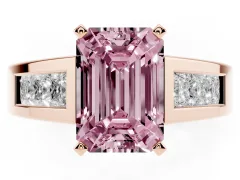 Fancy Pink Emerald Cut Diamond Solitaire Ring Set in Rose gold with Channel-Set Accent Stones and Prong Setting