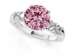 Fancy Pink Round Cut Diamond Five-Stone Prong Set Engagement Ring Set in White gold with Channel Band