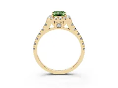 Fancy Green Emerald Cut Diamond Halo Engagement Ring Set in Yellow gold with Pavé Band and Prong-Set Center